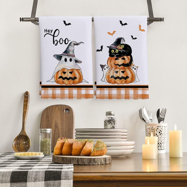 Halloween Spøgelse Græskar Køkkenhåndklæder, Festlige Trykte Vaffelviskestykker, Sæt med 2