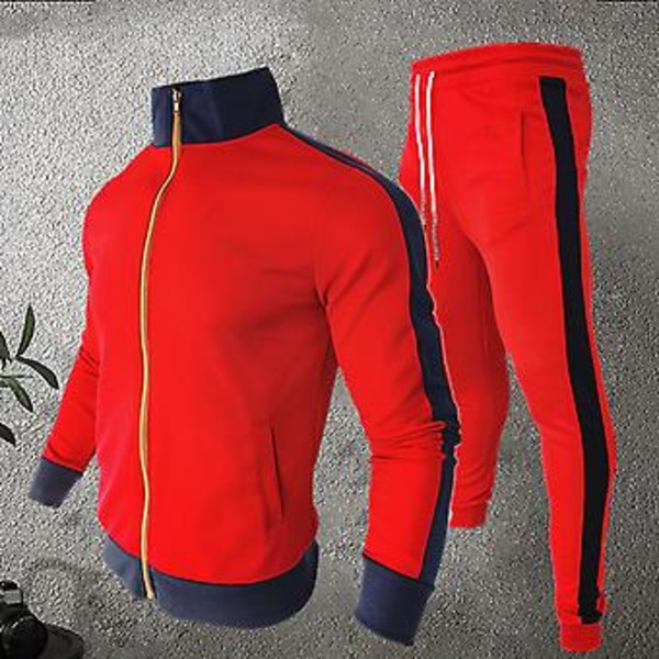 2-delt sett med stand-up krage, lang erme, flere lommer, glidelås, jakke og joggebukse for menn, høst, stripete lappeteppe, slank treningsdrakt (XL gul)