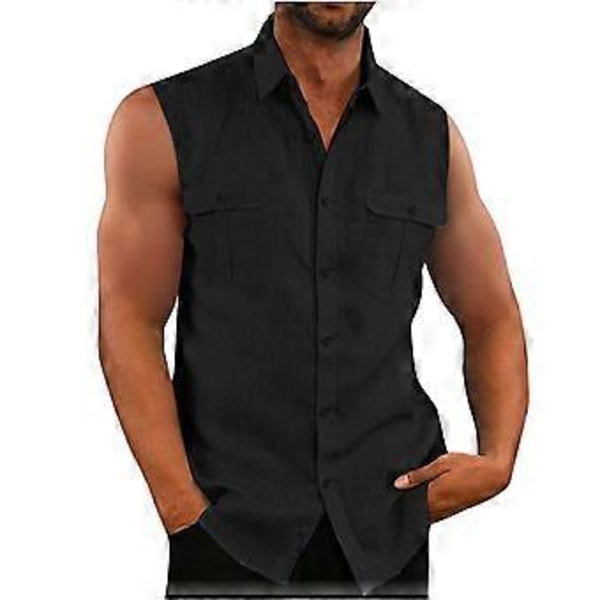 Herre Skjorte Dobbelt Lomme Bomuld Linned Ærmeløs Skjorte Komfortabel og Åndbar Herre Tank Top (XXL lilla)