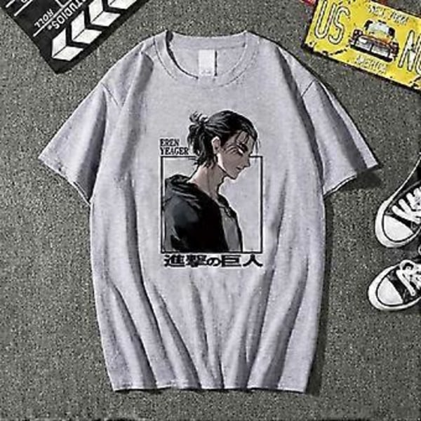 Attack on Titan Eren Yeager Anime Muoti Rento Pyöreäkauluksinen Lyhythihainen Miesten Naisten T-paita (XL harmaa)