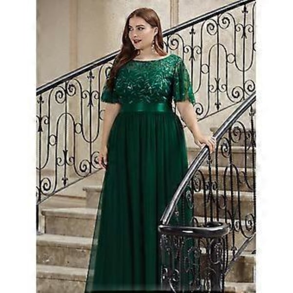 Ever-Pretty Dame Plus Størrelse Paljettbroderi A-Linje Kort Erme Bryllupsgjest Kjole (4XL mørkegrønn)