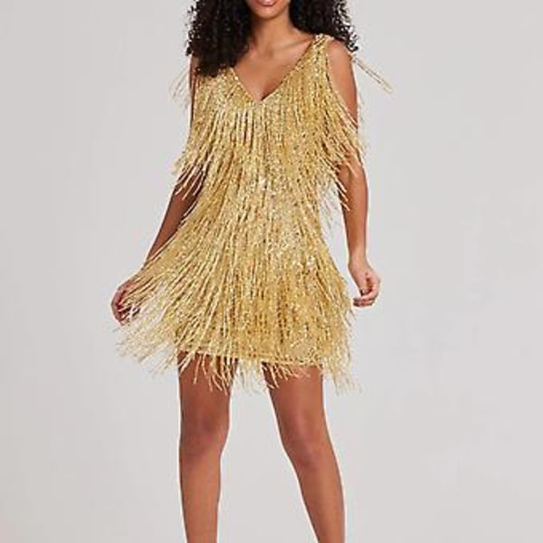 Cocktailklänningar för kvinnor, djup V-ringning, fransar överallt, spaghettiband, cocktailklänning, kvällsklänning, miniklänning (2XL Guld)