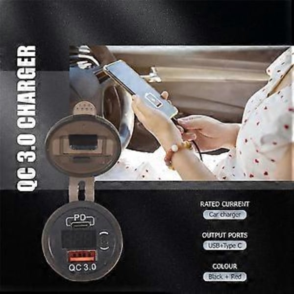 PD Type C 48W Dobbelt USB Bilopladerstik, QC 3.0 Hurtig Biloplader med Voltmeter og Kontakt til Båd Lastbil RV, Rød