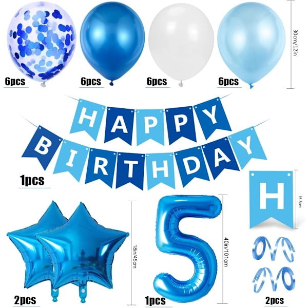 Ballong för 5-årig pojkes födelsedag, blå 5-års födelsedagsdekoration