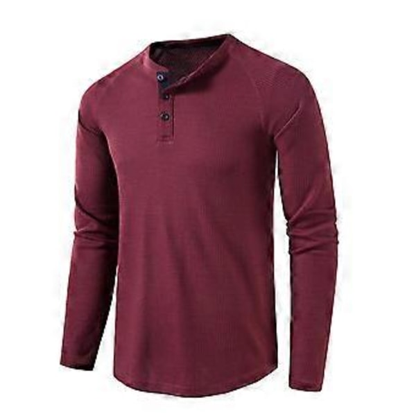 Waffle Henley-tröjor för män Rund hals Långärmad T-shirt Enfärgad Vardagsklädsel Höst Vinter Bekväm Tröja (XXL vinröd)