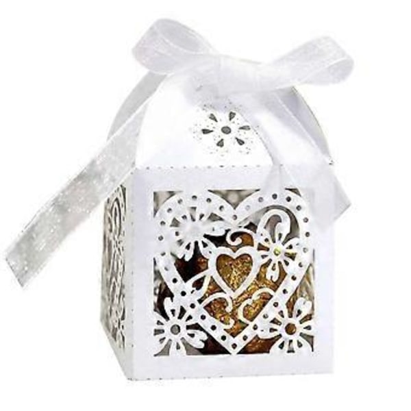 Paket med 50 Blommiga Favoritaskar, Kärlekshjärta Godisask Dekorativ Sockerask Presentaskar Bröllopsdusch Årsdag Födelsedagsfest Bröllopsgåva (vit)