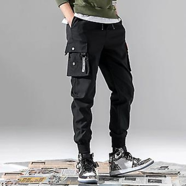 Mænds Sweatpants med Elastisk Linning, Snøretræk og Indtrækkelige Manchetter - Multilommer, Ensfarvet, Casual Cargobukser (2XL Sort)