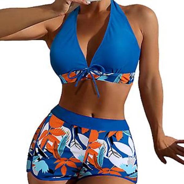 Kvinnors Padded Bikini Set med Lövtryck, Halterneck-BH, Slips-Topp, Hög Midja, Pojk-Shorts, Baddräkt, Sommarstrandkläder (XL Blå)