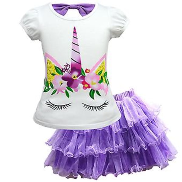 Pigebørn Sommer Outfit Enhjørning T-shirt Toppe Lagdelt Tutu Tulle Skørt Sæt (6-7 År)