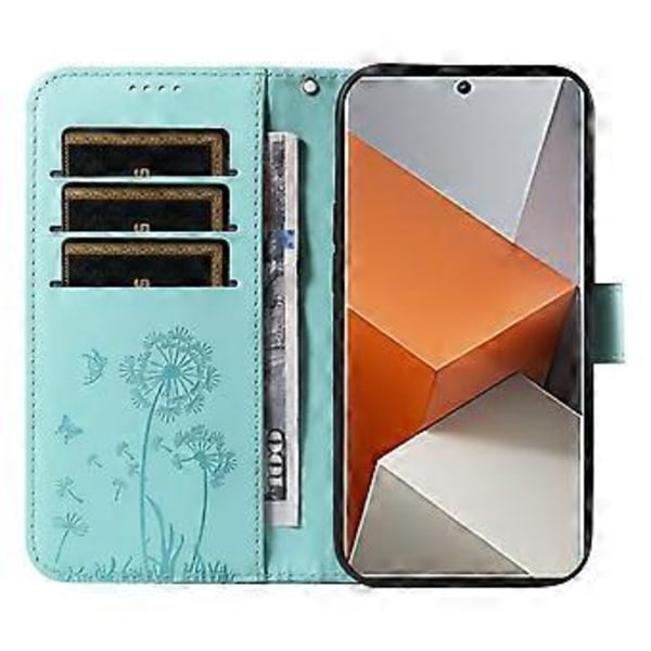 Xiaomi Redmi Note 13 Pro+ 5G Nahkakotelo Lompakko Puhelinkuori Voikukan Kuviointi - Vihreä (Vihreä)