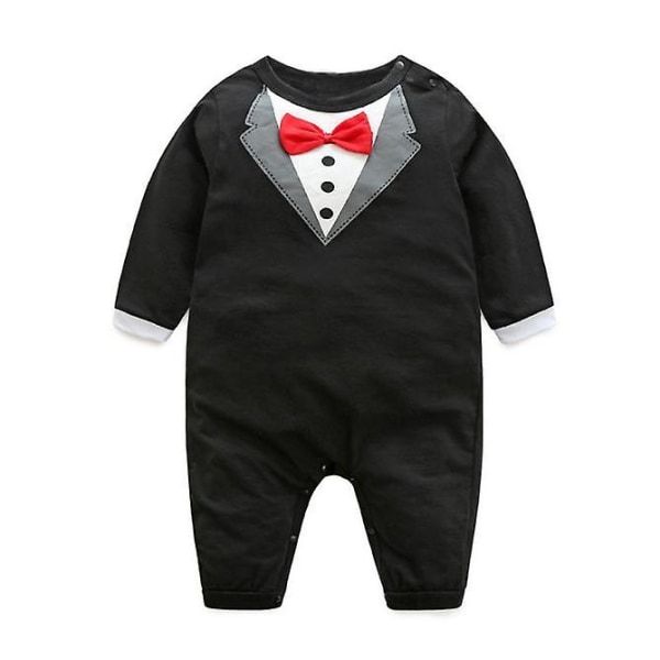 Newborn Infant Baby Boy Romper Jumpsuit Bow Tie Gentleman Suit Outfit Long Sleeve Cotton Wedding Birthday Baby Boy Clothes Black 95cm