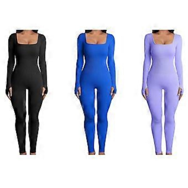 Ribstrikket Bodycon Jumpsuit Flerfarvet Ensfarvet Polyester Lange Ærmer Til Træning Sport Yoga Firkantet Halsudskæring (M Blå)