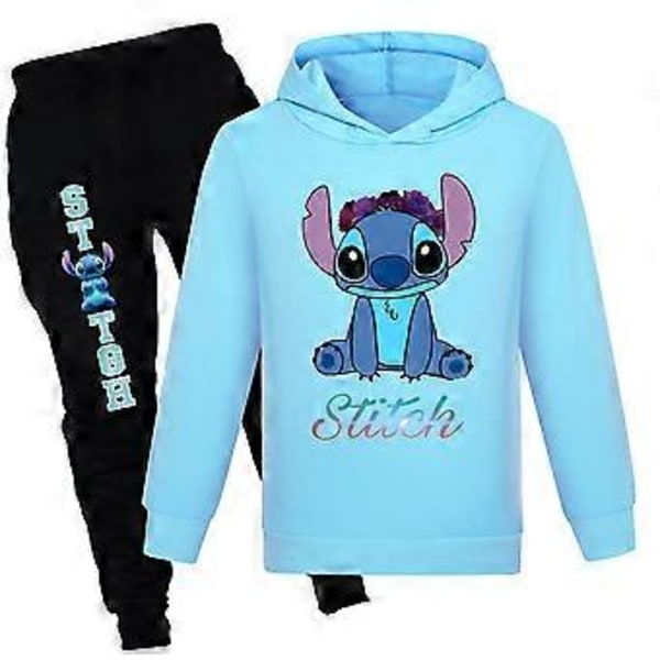 Lilo och Stitch Hoodie för Barn Långärmad Träningsdräkt Set Sweatshirt Toppar Byxor Kläder Pojkar Flickor -NMAOV(11-12 År Ljusblå)