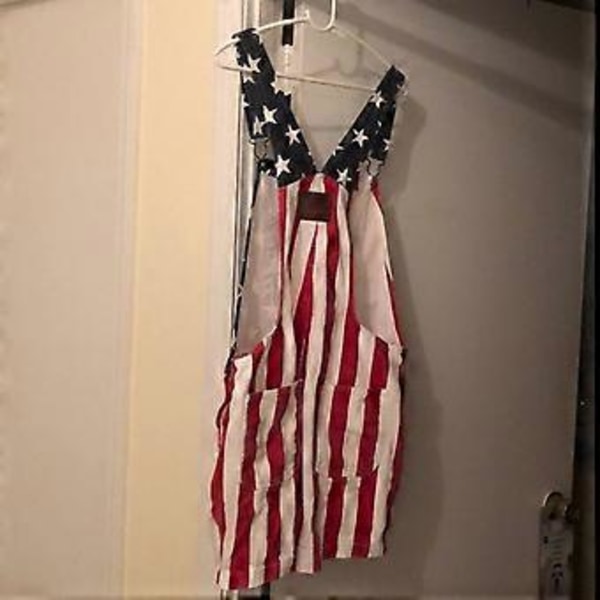 Amerikansk Flagg Overalls Denim Bib Shorts Justerbare Stropper Jeans Shorts Rompers med Lomme (2XL Flerfarget)