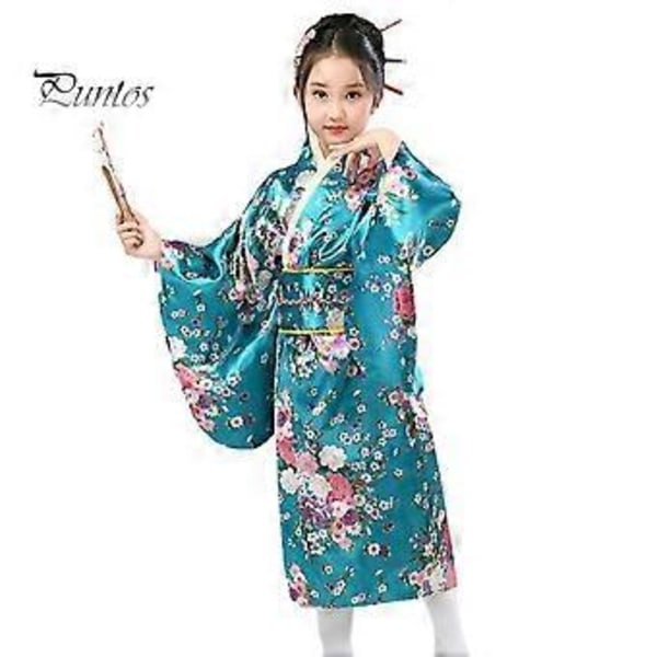 1 Set Japansk Kimono Livfullt Körsbärsblomstryck Lätt att Bära Cosplay Skolföreställningar Kimono för Flickor (130cm blå)