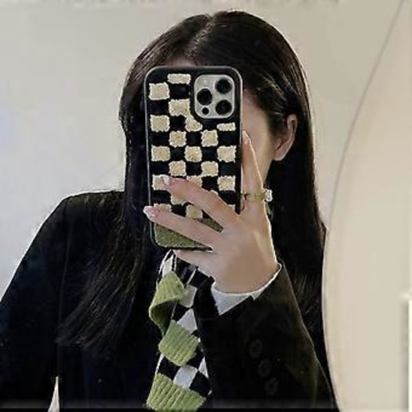 Luksuriøs Håndklædebroderet Telefonetui til iPhone 12/12 Pro, Sød Skøn Grid Fuzzy Cover Blødt Silikon Stødsikkert Bumper Etui til iPhone 12/12 Pro 6.1inc