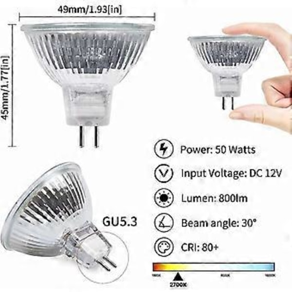 50W Gu5.3 Mr16 Himmennettävä Halogeenilamppu, DC 12V Pienjännite 2-nastainen Pohja Kohdevalaisin Heijastinlamput, 800 Lumenia, Lämmin Valkoinen 2800k?8 kpl?