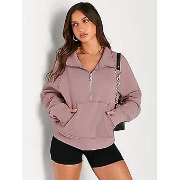 Dame Sweatshorter Halv Zip Croppede Trøjer Fleece Kvart Zip Hoodies Efterårs Outfits Tøj Tommelhul Mørkrosa, XS