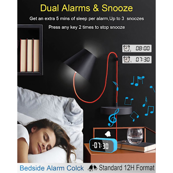 Digital väckarklocka med Bluetooth-högtalare, skrivbords klocka för sovrum, liten bords klocka med dubbla larm, snooze, dimbar LED-display.