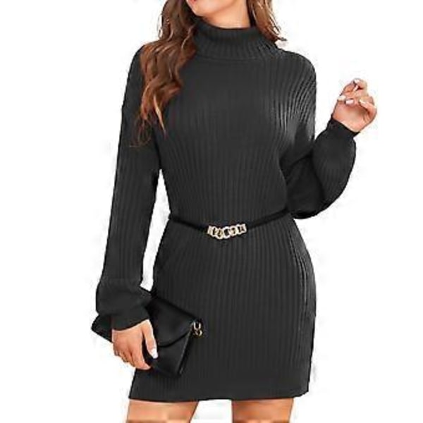 Kvinnors Turtleneck Stickad Klänning Höst Vinter Casual Lös Lång Puffärm Ribbstickad Pullover Klänning (M Svart)