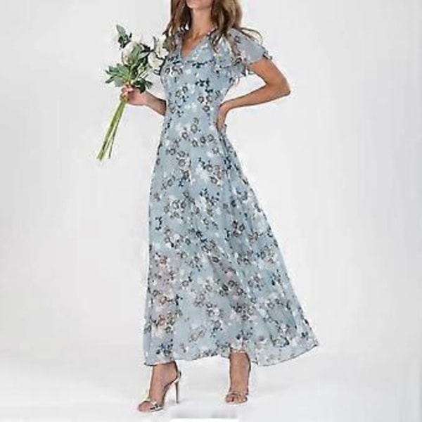 Maxiklänning med V-ringning, volang, korta ärmar, åtsittande midja, hög midja, böljande fåll, sött blommönster, chiffongklänning för kvinnor (3XL sjöblå)