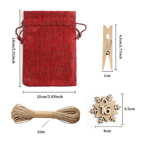 24 stk julekalenderposer 2022, lerretspose med snøring, julekalender med nedtelling