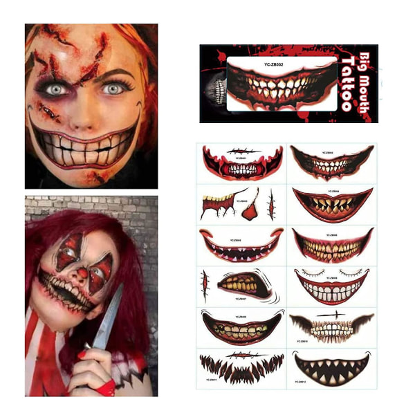 Halloween Prank Makeup Temporary Tatuering, Skrämmande Big Mouth Face Tatueringar Dekaler Kits Prank Rekvisita för Halloween Masquerade Cosplay Party