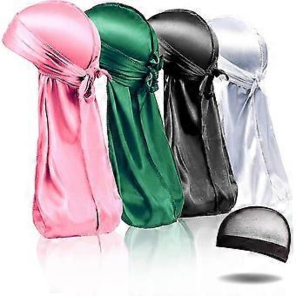 2024 Nya 4-pack Silky Durags, Silk Durag för Män Kvinnor Vågor, Silk Durag Pack med 1 Våghätta, Silky Satin Durag Extra Långa Svansar (ljusblå)