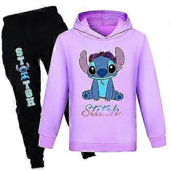Lilo och Stitch Hoodie för Barn Långärmad Träningsdräkt Set Sweatshirt Toppar Byxor Kläder Pojkar Flickor -NMAOV(9-10 År Lila)