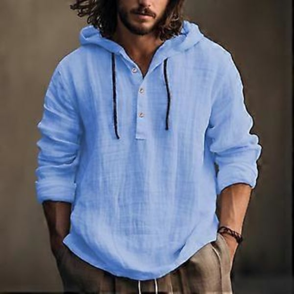 Bomull Linne Skjortor Män Tunn Hooded Hoodie Vår Höst Långärmad Pullovrar Enfärgad Vit Blå Casual Vardagskläder (L himmelsblå)