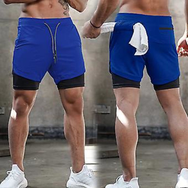 Mænds Løbeshorts Casual Udendørs Løse Multi-lomme Dobbeltlags Fitness Shorts til Fitness (M 858 Royal Blå)