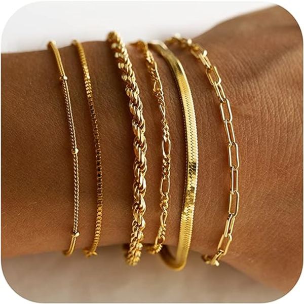 Guld Armbånd til Kvinder Vandtæt 14K Ægte Guld Smykkesæt til Kvinder Trendy Tynde Spinkle Stakbare Cubanske Led Papirclips Kæde Armbånd Sæt Mode Tilbehør Sterling Sølv Gaver til Kvinder Piger