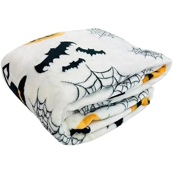 Haunted Halloween Fleece Tæppe: Edderkoppespind Heksehat Sorte Flagermus og Dekorerede Græskar Print på Blødt Fløjl F