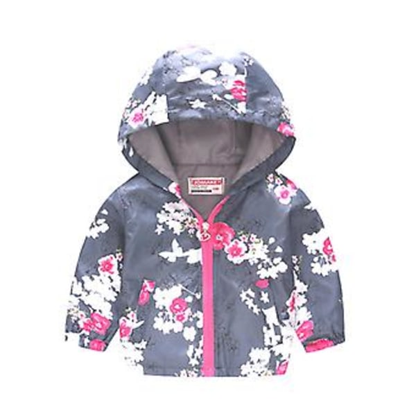 Barnjacka med dragkedja, huva och fickor - Vindjacka för pojkar och flickor (3-4 år, grå med blommor)