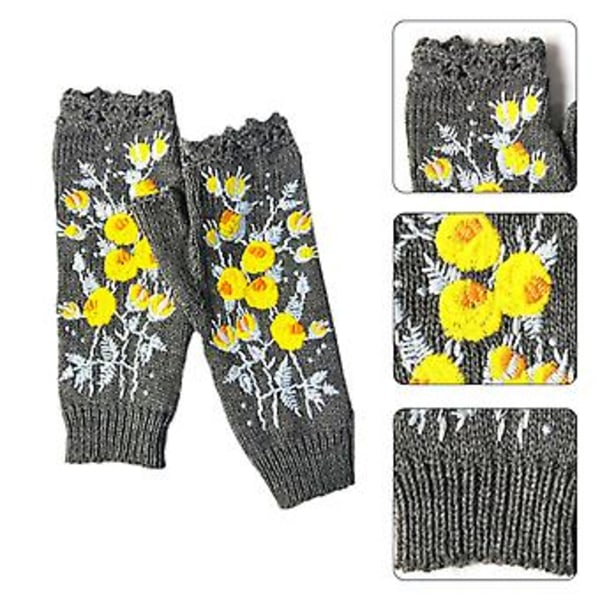 Dam Fingerlösa Vantar i Stickad Längd med Tumhål - Söt Liten Gul Blommig Broderi, Stickad, Armvärmare (4)