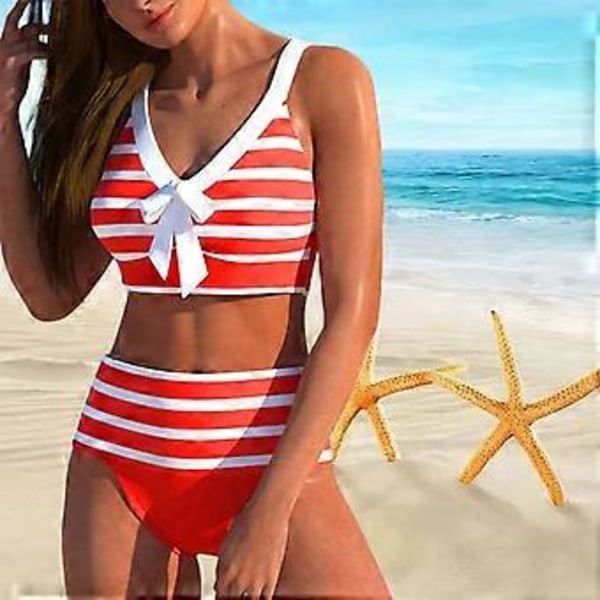Dame Skulderstrop Badedragt med Grå Hvid Stribet Print Bikini Kort Tank Top Badedragt (M rød)