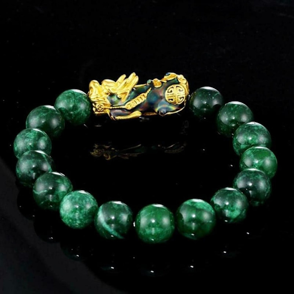 Feng Shui-armband, grönt jadearmband unisex Feng Shui Pi Xiu-armband guld rikedom Pixiu dam- och herr armband