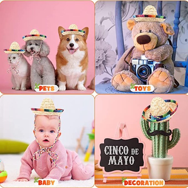 8 stk. Mini Sombrero Fest Hatte Fiesta Fest Dekorationer Festartikler Sombrero Kostumehatte til Bord, Dukker, Hunde - 5,9 tommer