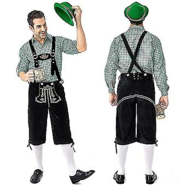 Tysk Traditionell Herr Oktoberfest Kostym Rutig Skjorta Broderade Upphängare Med Hatt Set (L grön)