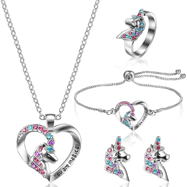 Enhörning Ponny Ring Armband Halsband Örhängen Färgglad Ponny Set