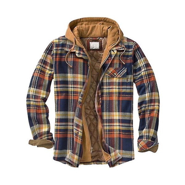 Mens Warm Quilted Lined Cotton Jackets With Hood Button Down Zipper Long Sleeve Plaid Jackets