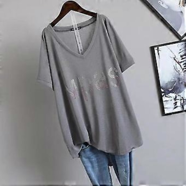 Ekstra Stor Størrelse T-shirt Dame Sommer V-hals Tøj Mode Løs Diamantbesat Bogstav Kortærmet T-shirt Dame (XXXL pink)