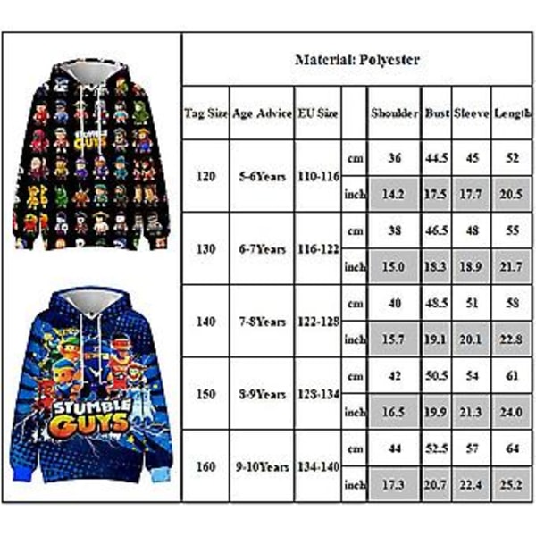 Stumble Guys Barn 3D-trykt hettegenser med lomme, lang erme, gutt/jente, Halloween/julegave, 5-10 år (8-9 år B)