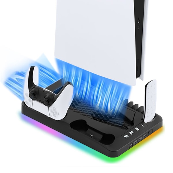 PS5-latausteline ja jäähdytysasema RGB-valolla ja jäähdytyspuhaltimella