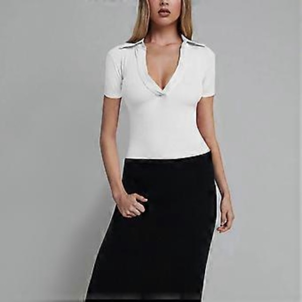 Åtsittande Jumpsuit Topp Slank Djup V-ringad Kortärmad Enfärgad Nedåtvänd Krage Ribbad En-delad Topp (S Vit)