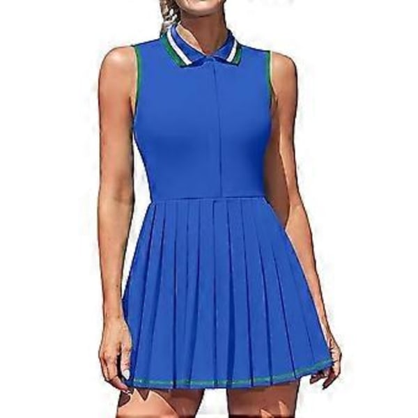 Charmleaks Dame Tennis Kjoler Ribbet Polo Golfkjole Halv Lynlås Plisseret Træningskjole med Indbyggede Shorts og BH (XL blå)
