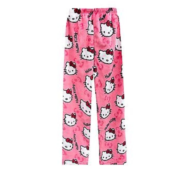 Kawaii söpöt pyjama-housut naisille ja tytöille - Piirretty kissa kaikkialla painettuna, flanelli, joulu, anime, pehmeät unipuvut (L vaaleanpunainen)