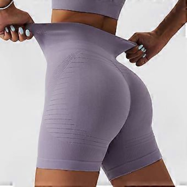 Kvinders Løbe Yoga Shorts Mavekontrol Sømløs Strikket Højtaljet Butt Lifting Træning Workout Short Leggings (M Lilla)
