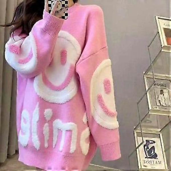 Vinter Dame Fortykket Varmt Smilende Ansigt Sweater Løs Casual Dame Striktrøje Rund Hals Dame Top (pink)