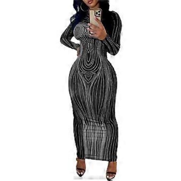 Body Print Maxi Kjole Dame Estetisk Langermet Unik Sexy Kroppsformende Kåpe Party Clubwear Klær (XL)